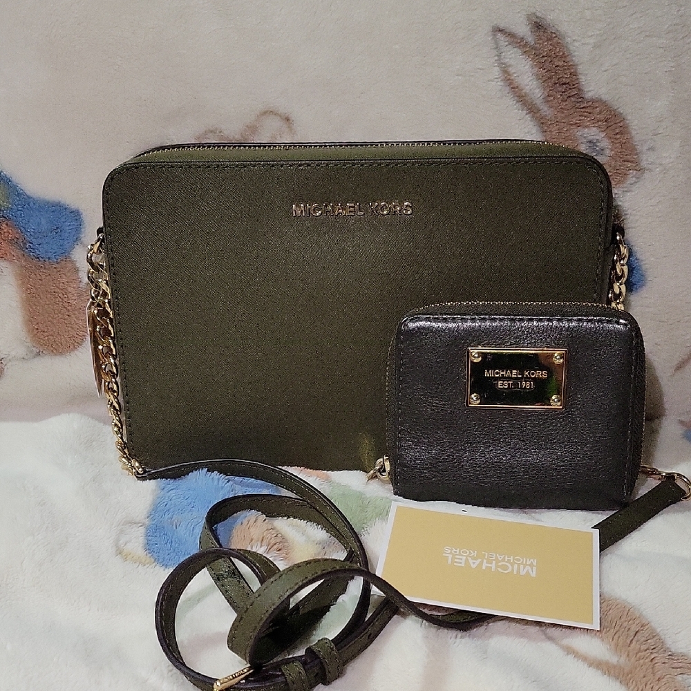 Michael Kors Olive and Gray Crossbody Bag Set